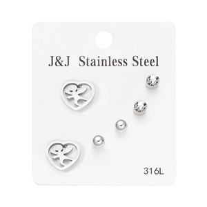 Detailed view of 3-pair 316L stainless steel earring set with crystal and heart shapes