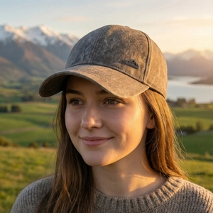Vintage washed dark grey cotton baseball cap with mountain pin in a scenic mountain view