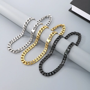 Three-color vacuum-plated stainless steel Cuban link chains in silver, gold, and black finish