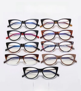 Detailed grid view of stylish cat-eye glasses frames in multiple colors and textures