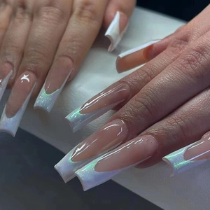Long Coffin Press On Nails French Shimmer Nude Pink Artificial Pearl White Tips Glitter Glossy False Nails For Women