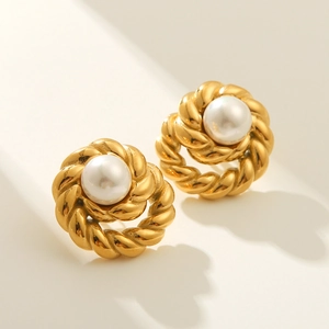 18k gold plated stainless steel rope twist earrings with elegant pearl insets
