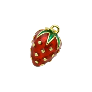 Minimalist red strawberry enamel pendant with green leaves and gold accents for women