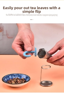 Detail showing the easy disassembly of blue silicone handle and stainless steel tea infuser