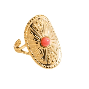 Vintage gold-plated shield ring with red natural stone and engraved sunburst pattern