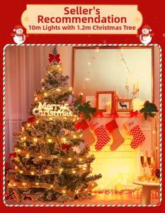 Close-up of 10m warm LED light string with gold hollow ribbon on a 1.2m Christmas tree