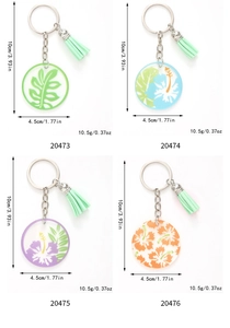 Detail view of acrylic flower leaf keychains with dimensions and weight info
