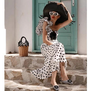 Polka Dot One Piece Swimsuit And Wrap Skirt One Shoulder Ruffle Cut Out Vintage Beach Swimwear For Women