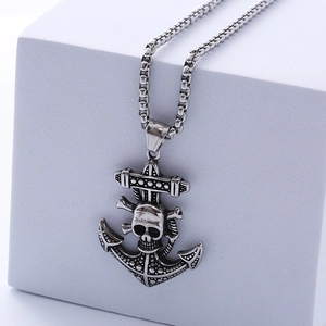 Retro silver pirate anchor necklace with skull pendant on long stainless steel chain