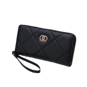 Elegant black quilted long wallet for women with golden circular hardware and wrist strap