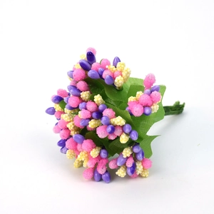Detailed shot of assorted pink and purple frosted berry stamens with green leaves