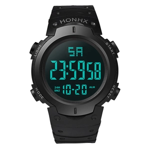 Detailed view of the digital LCD display and functional buttons on this black sports watch
