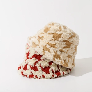 Thick plush houndstooth bucket hat in beige, red and khaki colors for autumn winter