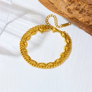 Minimalist double-layered 18k gold plated Cuban and coffee bean chain bracelet for women