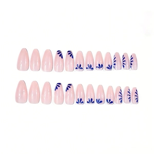 24pcs long almond press on nails with elegant light pink base and blue floral patterns
