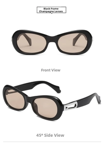 Front and side views of oval sunglasses with black frames and champagne lenses