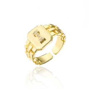 Detail of 18K gold plated adjustable ring featuring letter I with AAA zircon stones