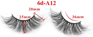 Detailed size specifications for 6D false eyelashes model 6d-A12 showing 20mm and 25mm lengths