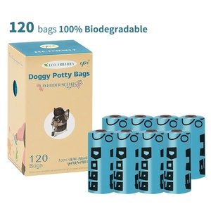 Blue biodegradable dog poop bags 8 rolls with box featuring leak-proof lavender scent