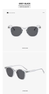 Detailed views of transparent grey square sunglasses with black lenses and metallic studs
