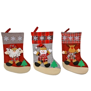 Three-piece set of 3D Christmas stockings featuring Santa, Snowman, and Reindeer designs