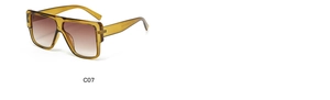Detail view of square amber sunglasses with brown gradient lenses and code C07