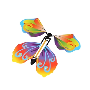 Detail of colorful butterfly toy with gradient paper wings and elastic band mechanism