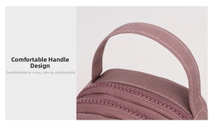 Detail of purple nylon crossbody bag showing dual metal zippers and durable top handle