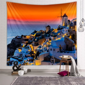Detail showing sunset Santorini landscape tapestry with Mediterranean buildings on wall