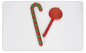 Detail of glittery Christmas candy cane and lollipop ornaments in red and green