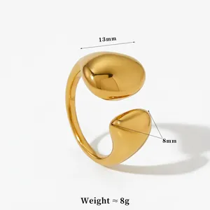 Minimalist gold stainless steel open ring with asymmetric organic pebble design for women