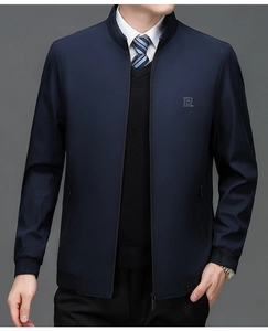 Detail of navy blue business casual jacket with stand collar and small B logo embroidery