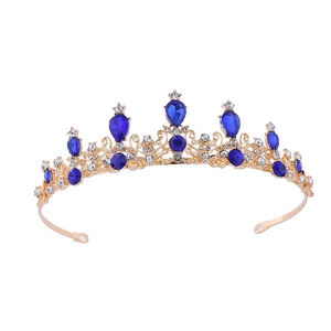 Elegant gold alloy tiara for girls featuring sparkling blue crystals and floral patterns