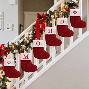 Christmas Stocking Knitted Red White Initial Letter Embroidery Snowflake Paw Print Hanging Ornament For Xmas Tree Decor