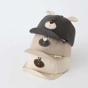 Toddler baseball cap with 3D bear ears in dark grey, khaki, and beige soft cotton
