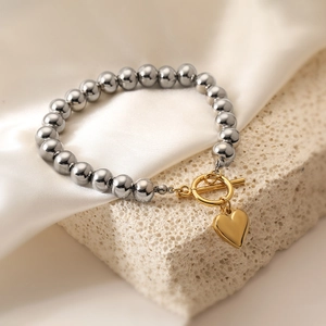 Mode Edelstahl Silberperlen Armband Mit Gold Herz Anhänger Und OT Verschluss Für Damen Trendiger Täglicher Schmuck