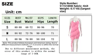 Size chart for pink ruffled mini dress with bodycon fit and knitted fabric details