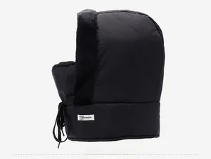 Side view of winter bomber hat featuring windproof fabric and thick black fleece lining