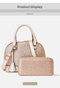 Detail of glitter shell handbag set with matching zipper wallet and golden sequins