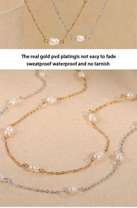 Detail showing PVD gold plating on minimalist stainless steel and baroque pearl necklace