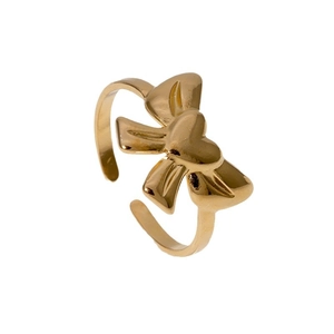 Polished 18k gold plated stainless steel open ring featuring a classic bowknot design