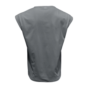 Detailed back view of a grey casual sleeveless knit vest for men on white background