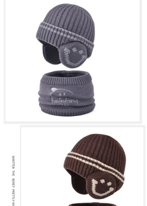 Detail of warm winter knit hat and neck warmer set featuring cartoon cat embroidery