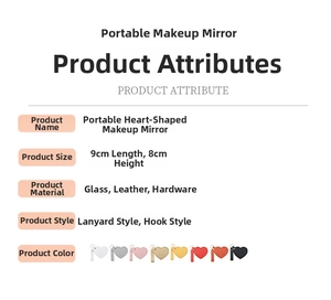 Specification chart showing heart-shaped leather portable mirrors in eight colors