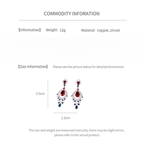 Detailed spec sheet showing vintage zircon drop earrings dimensions 5.5cm x 2.2cm