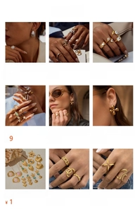 Detailed collection of vintage flower rings, earrings and necklaces in stainless steel