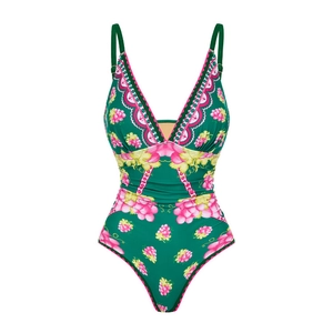 Detail of vintage floral print one-piece swimsuit with deep V-neck and ruched waist