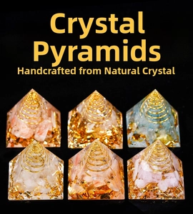 Detailed set of six handmade orgone pyramids with crystals and metal spiral coils