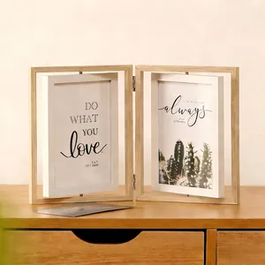 Rotating Photo Frame Double Sided Desktop Picture Holder MDF Wood Texture Minimalist Home Office Decor Display