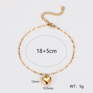 Golden stainless steel heart pendant bracelet with dimension specs on white background